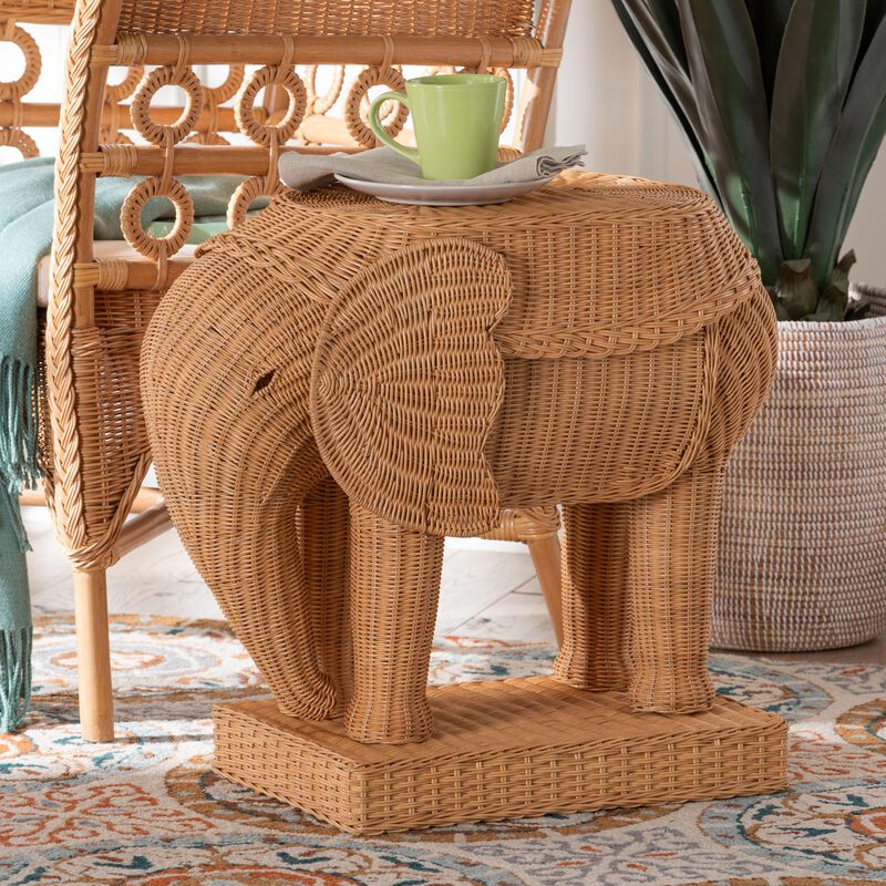 bali & pari Elissa Bohemian Light Honey Rattan Elephant End Table