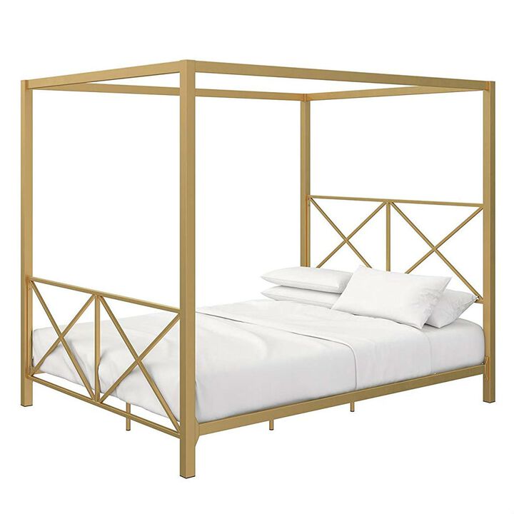 Hivvago Queen size Modern Gold Metal Canopy Bed Frame with Headboard and Footboard