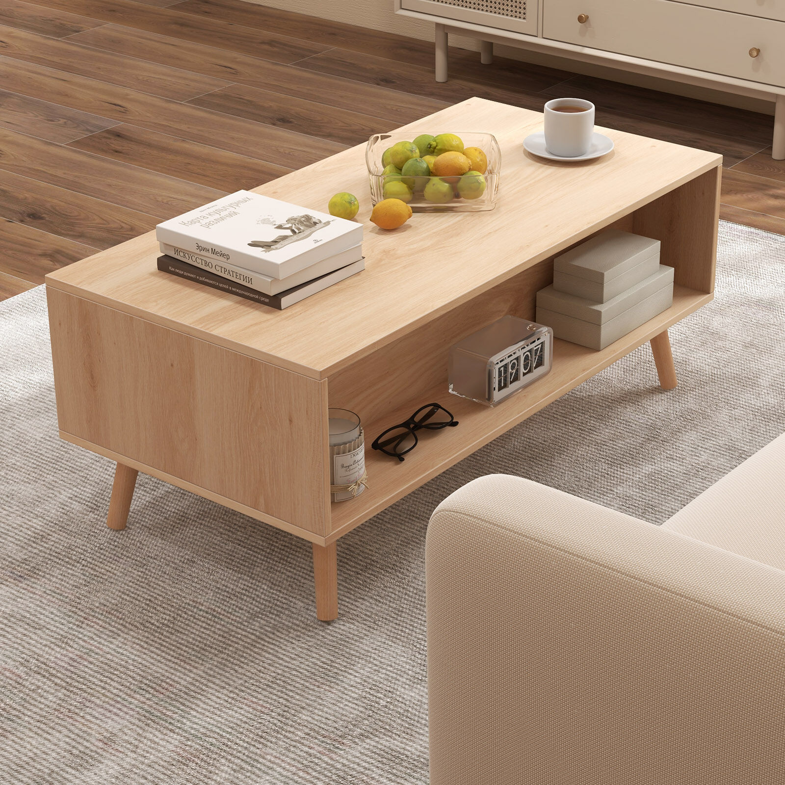 Retro Rattan Coffee Table with 2 Pull-Out Drawers – Mid Century