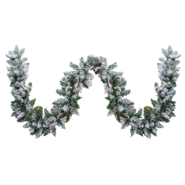 9' x 10" Pre-Lit Flocked Pine Artificial Christmas Garland - Multi Color Lights