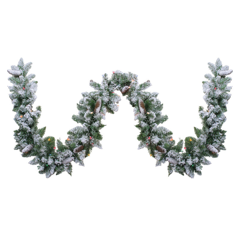 9' x 10" Pre-Lit Flocked Pine Artificial Christmas Garland - Multi Color Lights image number 0