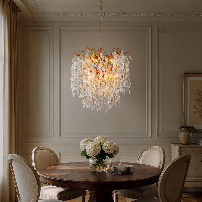 11-Light 22'' Modern Branch Chandelier with Glass Leaves in Painted Brass for Dining Room and Entryway image number 3