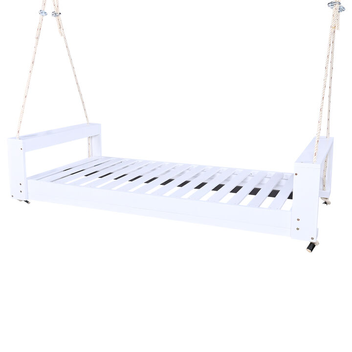 Whisen Twin Size Porch Swing Bed, Acacia Wood Frame with Hemp Ropes, Outdoor Patio Lounger