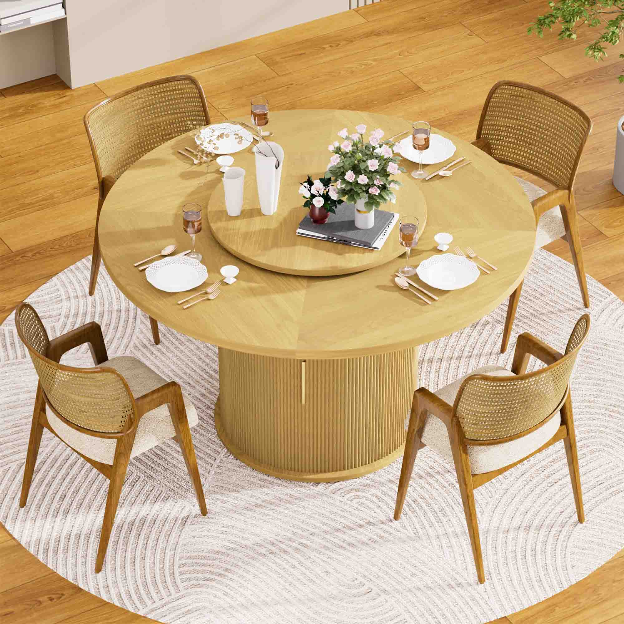 55 Inch Round Dining Table for Six with Rotating Tray and Double