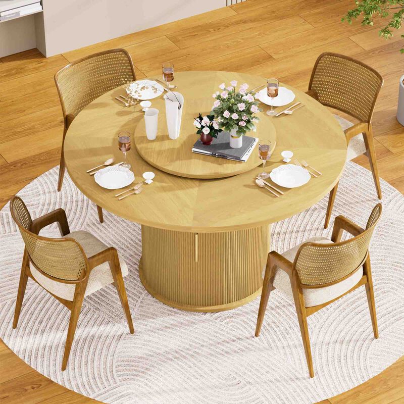 55 Inch Round Dining Table for Six with Rotating Tray and Double Tier Storage Rack Walnut Dining Room Table