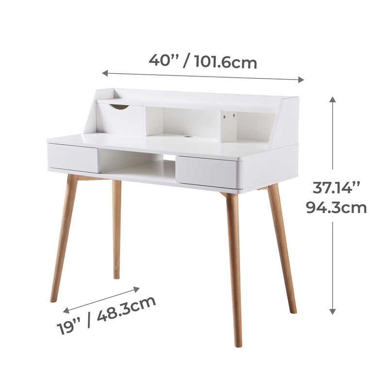 Teamson Writing Desk with Hutch, Drawers, Flip Drawer, Cubbies, Cable Opening, White MDF & Natural Wood Legs, Compact Office Desk for Home, Creativo Collection image number 6
