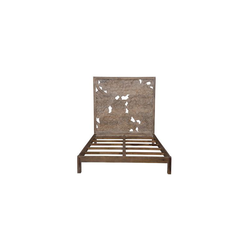 Porter Designs Dahlia Hand Carved Motif Queen Bed, Brown image number 0