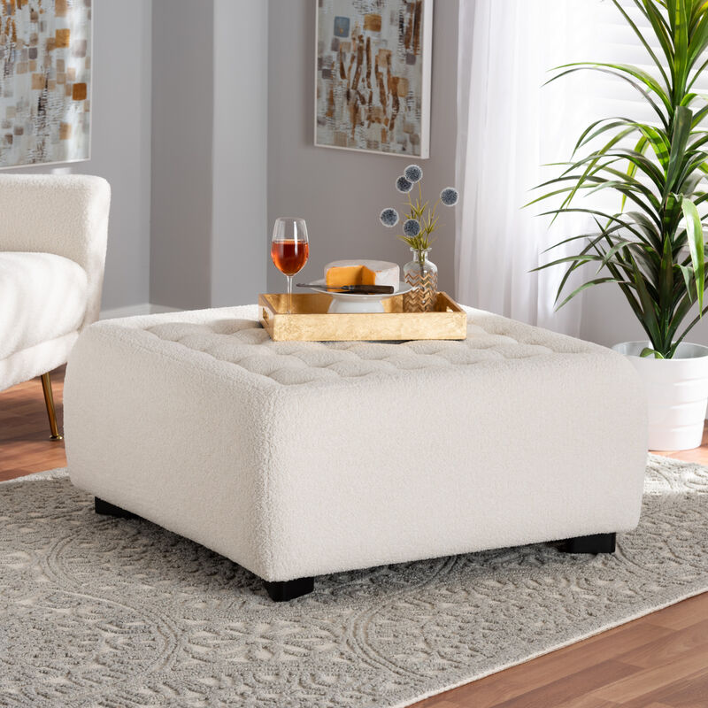 Baxton Studio Athena Modern and Ivory Boucle Upholstered and Black Finished Square Ottoman