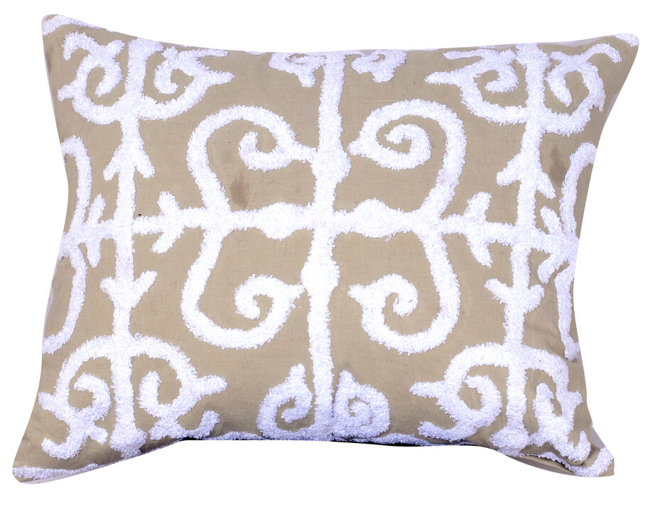 20 X 16 Inch Cotton Pillow with Vermicular Pattern, Brown and White