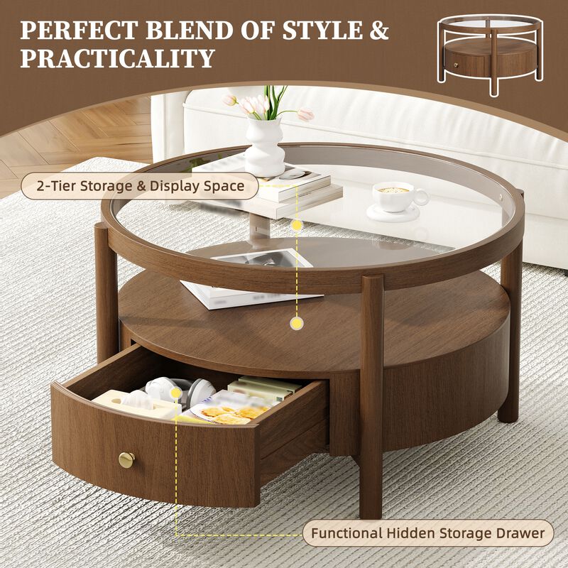 Whisen 29.5" Round Glass Top Coffee Table, Solid Wood 2-Tier Coffee Table with Drawer, Mid-Century Modern Center Table for Living Room image number 5
