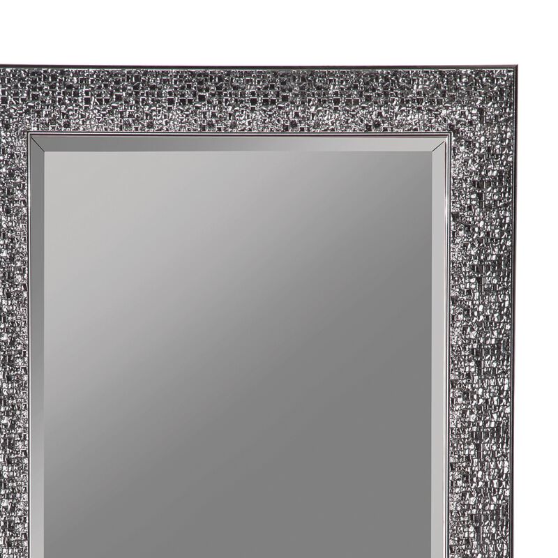 Rectangular Beveled Accent Floor Mirror with Glitter Mosaic Pattern, Gray - Benzara