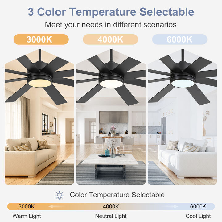 Breezary 65-inch Black Ceiling Fan with LED Light Remote and Downrod(8-Blade)