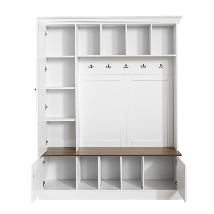 Merax 4-in-1 Entryway Organizer with Coat Hooks, 7 Open Cubbies, Storage Cabinet & Drawers