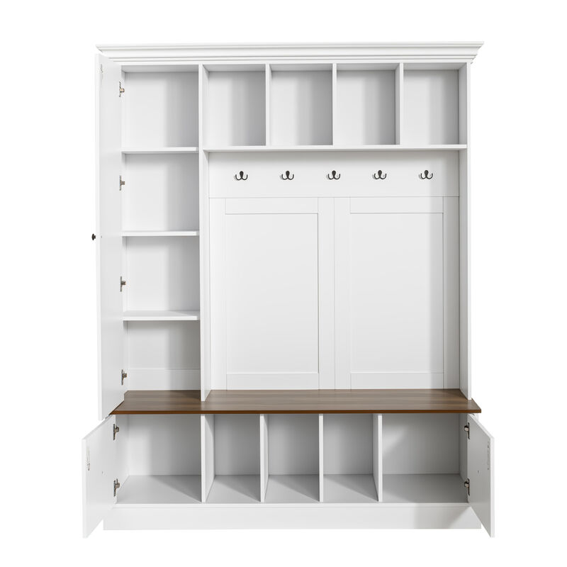 Merax 4-in-1 Entryway Organizer with Coat Hooks, 7 Open Cubbies, Storage Cabinet & Drawers image number 0