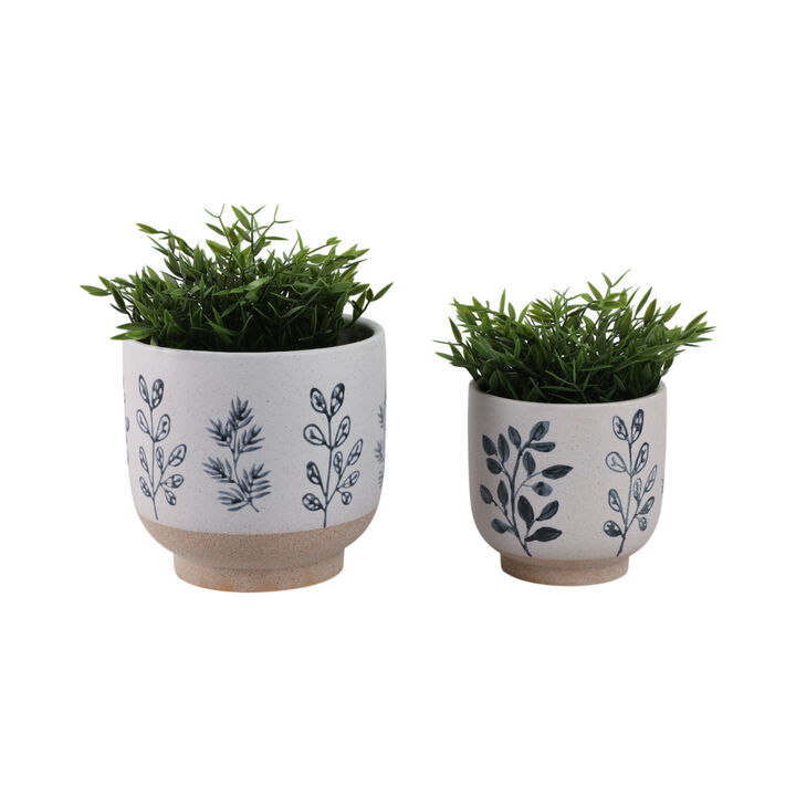 S/2 6/8" Hand Painted Leaves Planters, White/blue