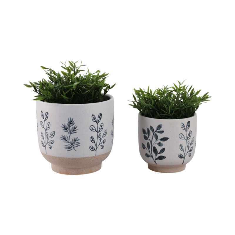 S/2 6/8" Hand Painted Leaves Planters, White/blue image number 1