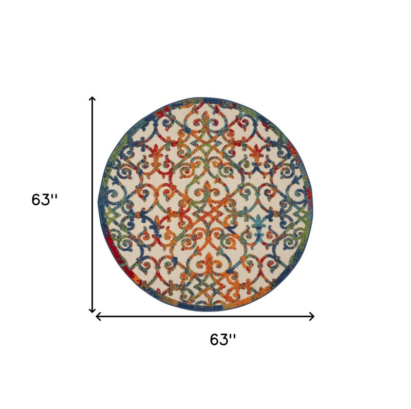 HomeRoots 5' Ivory Blue Orange And Green Round Trellis Indoor Outdoor Area Rug image number 6