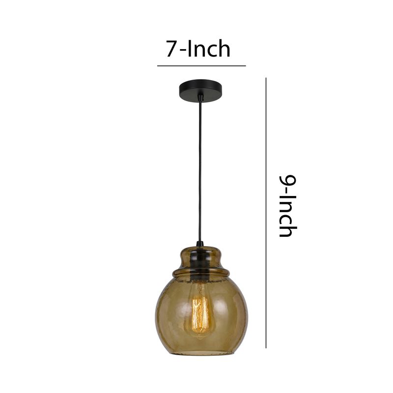Round Glass Shade Pendant Lighting with Canopy and Hardwired Switch, Brown - Benzara