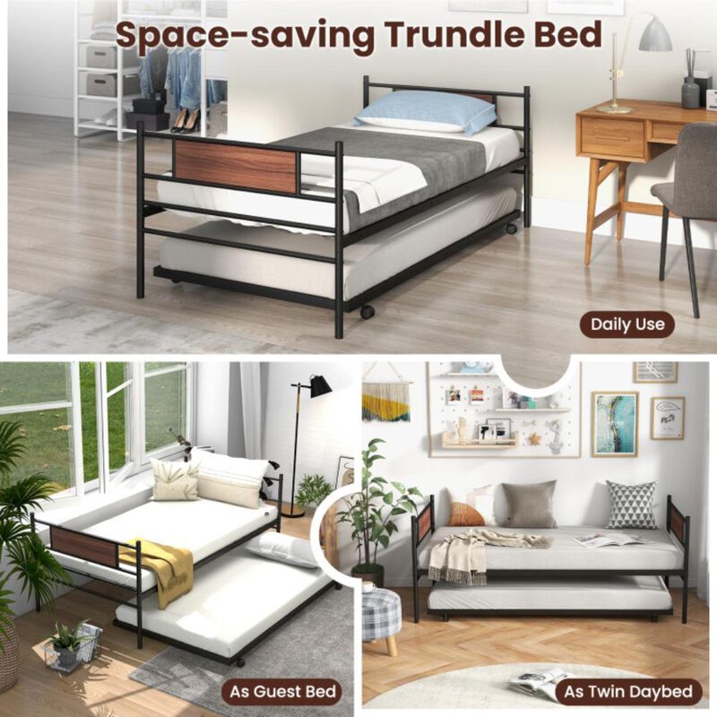 Hivvago Twin Size Metal Daybed with Trundle and Wood Grain Headboard