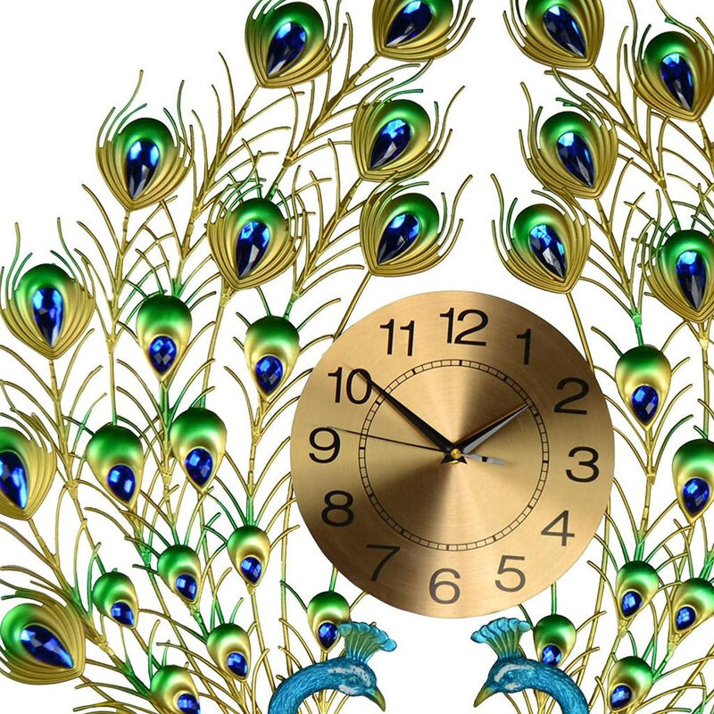 HomeRoots 25" Blue Green And Gold Metal Silent Analog Peacock Novelty Wall Clock image number 2