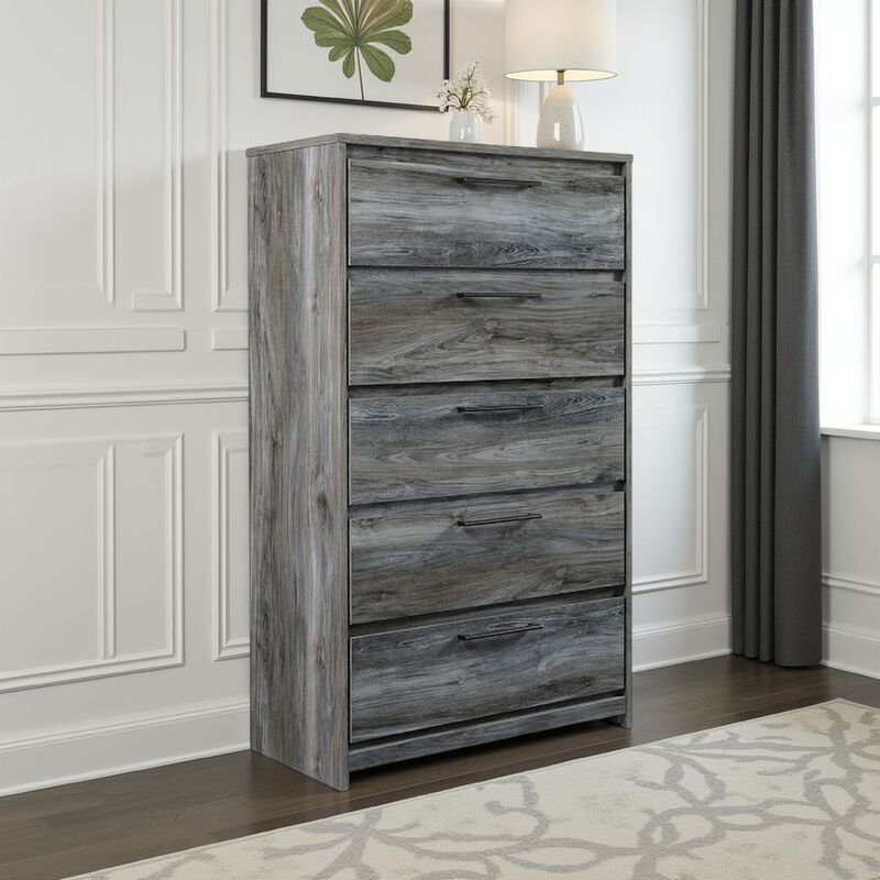 Bays Tall Dresser Chest, 5 Drawers, Modern Rustic Laminate Smoky Gray