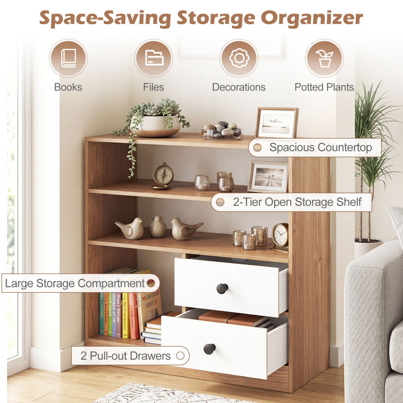 Storage Cabinet with 3 Open Compartments and 2 Drawers for Home Office-Natural image number 3