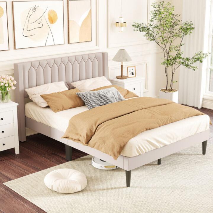 Upholstered Platform Bed Frame with Wingback Headboard and Wooden Slats