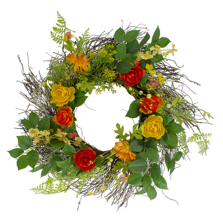 Ranunculus and Rose Floral Spring Wreath  Orange and Yellow 20"
