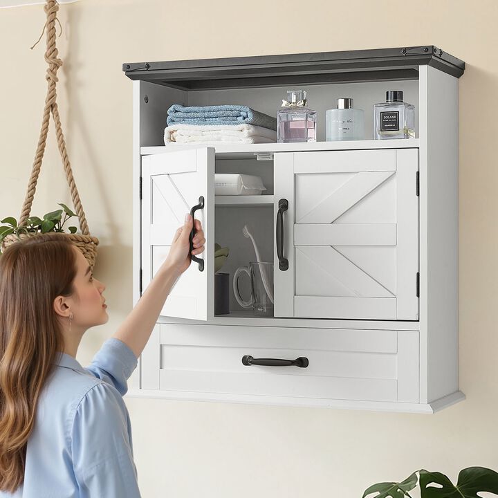 Wall-Mounted Bathroom Cabinet with Drawer & Open Shelf Organizer-White
