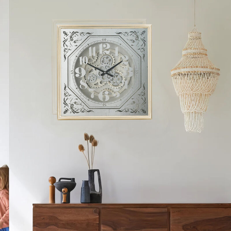 Viry 24 Inch Square Wall Clock, Analog Gear Design, Black White Iron Finish - Benzara