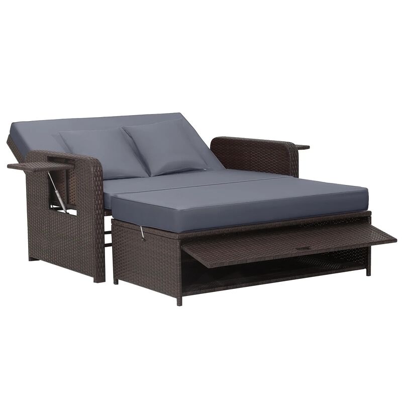 Mondawe Patio Rattan Daybed with 4-Level Adjustable Backrest and Retractable Side Tray
