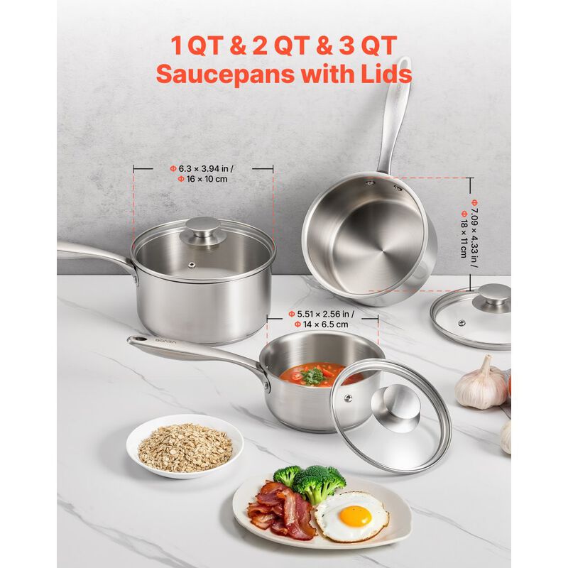 3 Piece Stainless Steel Saucepan Set with Glass Lids Nonstick Pots image number 2