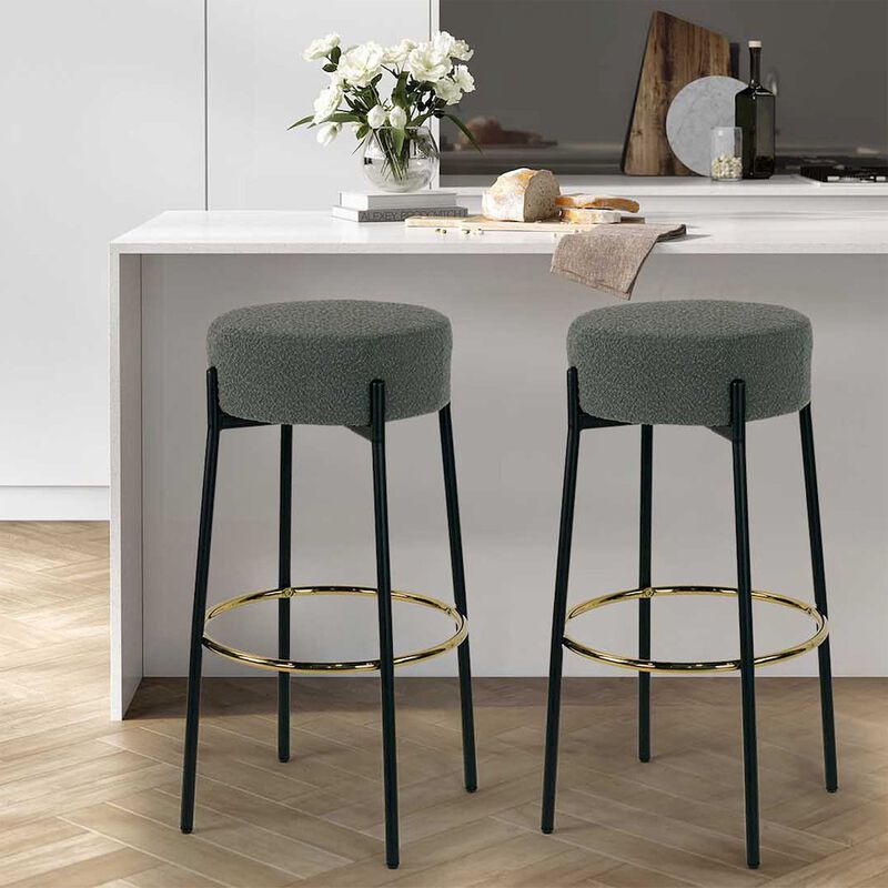 Glamour Home Set of 2 Avon Gray Boucle Backless Bar Stool with Black Metal Legs