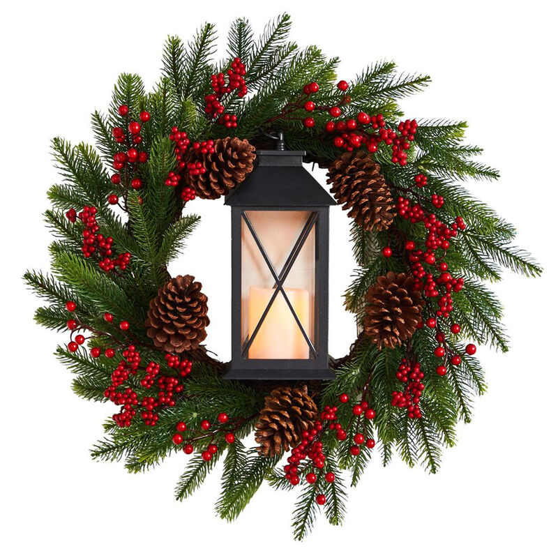 Nearly Natural 28-in Berries and Pine Artificial Christmas Wreath with Lantern and Included LED Candle