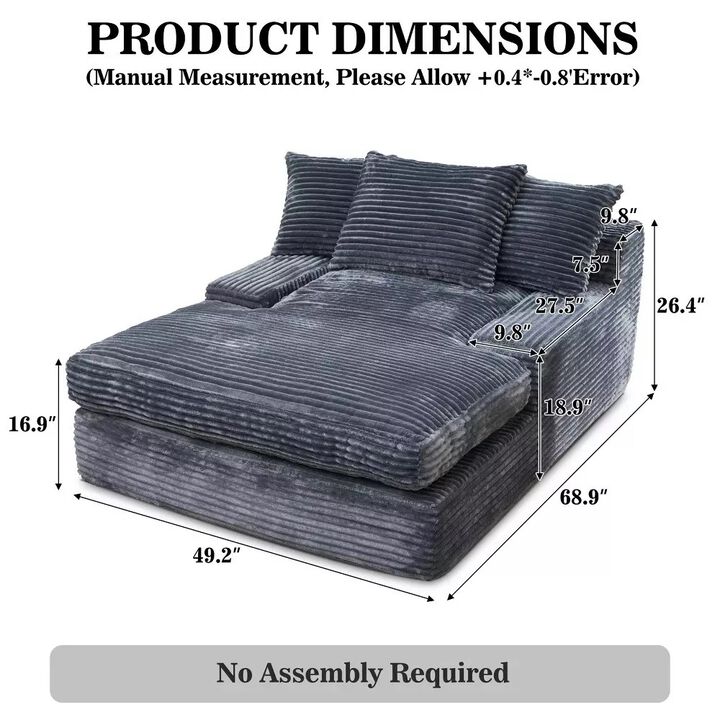 69" Oversized Corduroy Armless Chaise Lounge Sleeper Sofa Bed Plush Couch with 3 Supportive Pillows