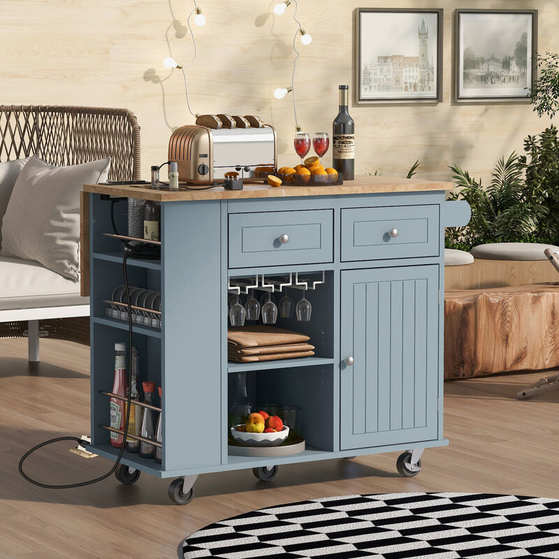 Kitchen Island with Power Outlet, Kitchen Storage Island with Drop Leaf and Rubber Wood, Open Storage and Wine Rack,5 Wheels, with Adjustable Storage for Home, Kitchen, and Dining Room, Grey Blue