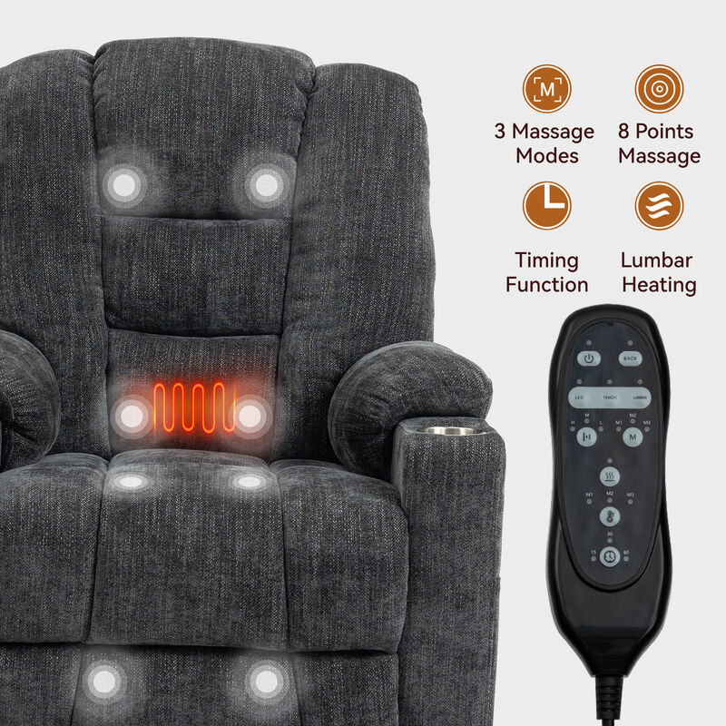 Heavy Duty Power Lift Recliner Chair for Elderly - Overstuffed Wide Seat with Massage & Heat, USB/Type-C Ports, 2 Cup Holders