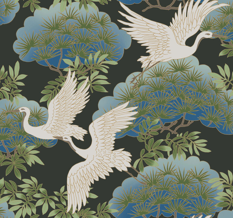 Sprig & Heron Black Wallpaper