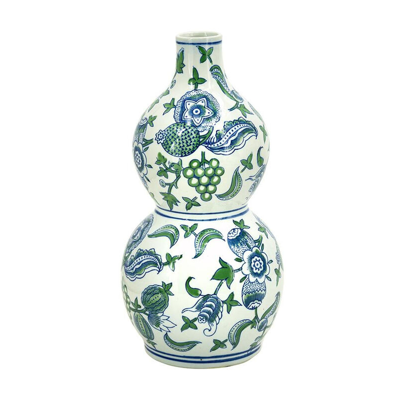 HomeRoots 13" White Blue And Green Chinoiserie Porcelain Wavy Gourd Table Vase image number 2