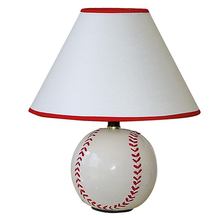 Hivvago 12" White and Red Ceramic Baseball Sports Table Lamp With White and Red Empire Shade