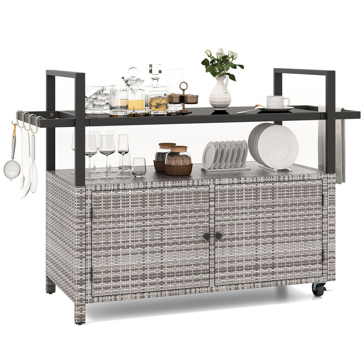 Wicker Patio Bar Cart with Cabinet and 8 Hooks – Outdoor Buffet Serving Cart