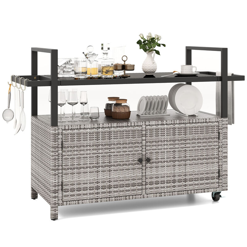 Wicker Patio Bar Cart with Cabinet and 8 Hooks – Outdoor Buffet Serving Cart