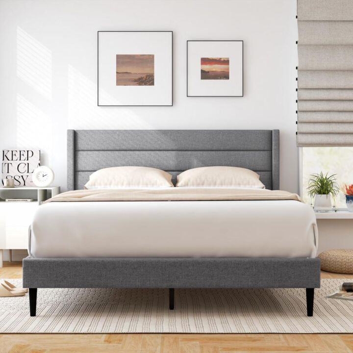 Hivvago Linen Upholstered Platform Bed Frame with Wingback Headboard