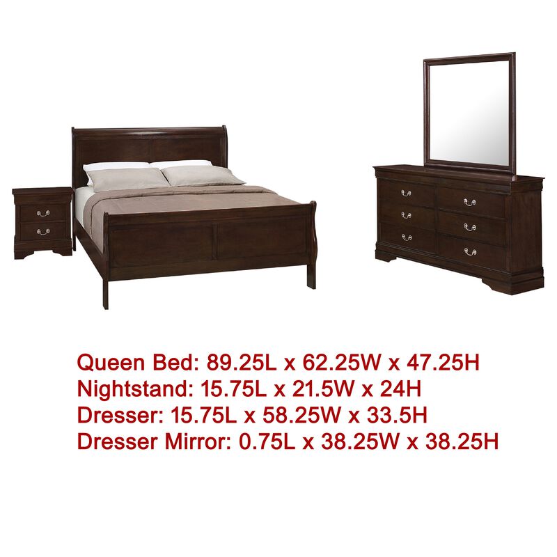 Nim 4pc Queen Sleigh Bedroom Set, Nickel  Handles, Dark Brown