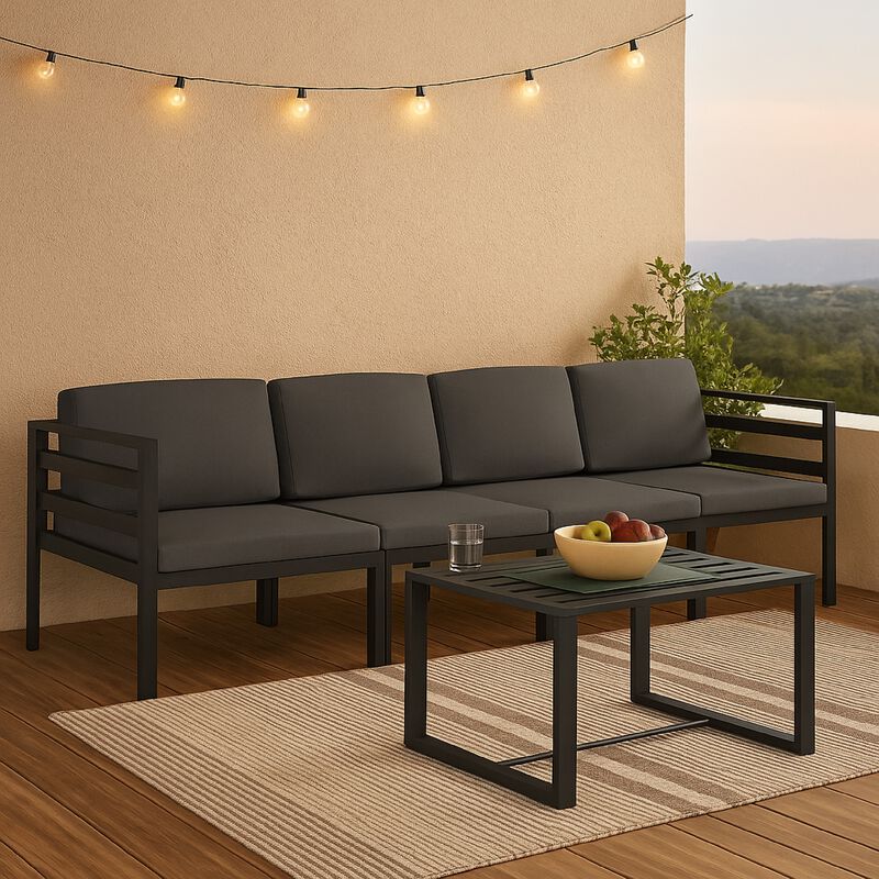 Shina 5pc Outdoor Set with Table, Sofa, and Chairs, Black Polyester - Benzara