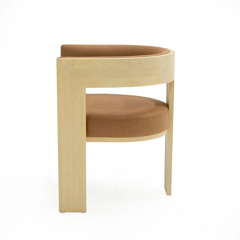 24 Inch Dining Chair, Curved Open Back, Cushioned, Natural Ash, Rust Fabric - Benzara