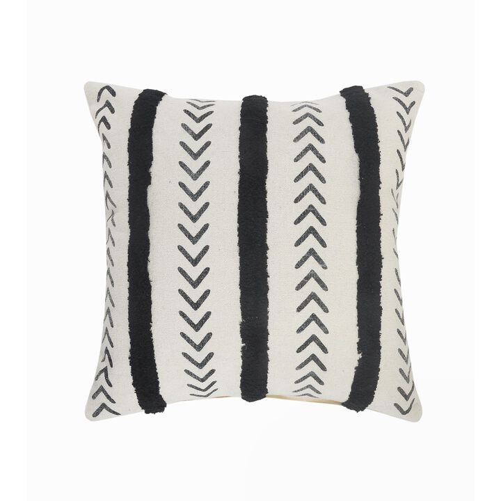 20" Black and Cream White Tufted Striped Square Throw Pillow