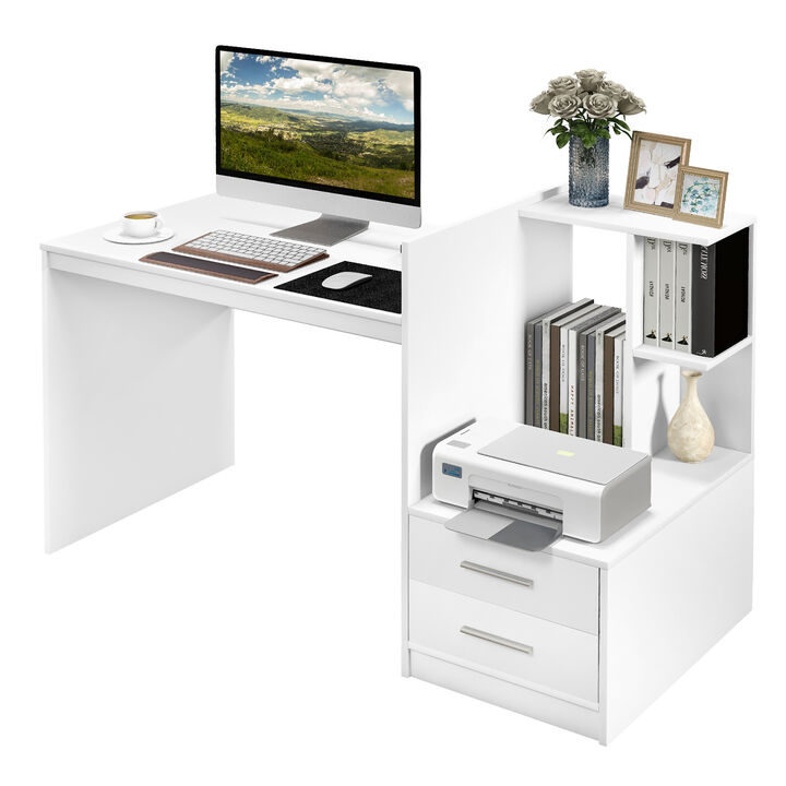 Costway Computer Desk Laptop Table Writing Study Desk Home Office with Bookshelf & Drawers