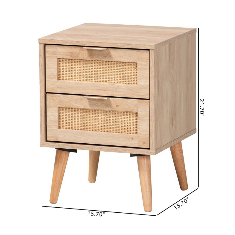 Baxton Studio Baird  Light Oak Brown Finished Wood and Rattan 2 Drawer End Table image number 9