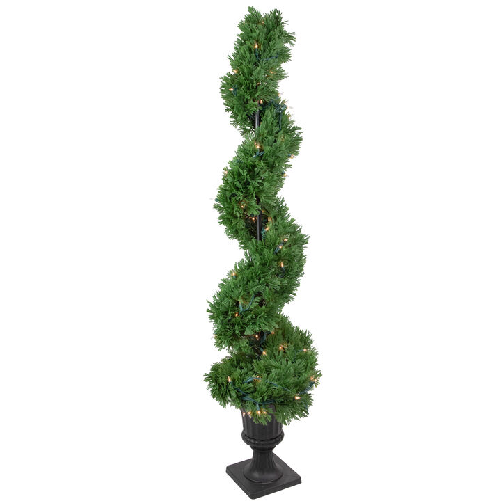 4.5' Pre-Lit Artificial Cedar Spiral Topiary Tree in Urn Style Pot  Clear Lights